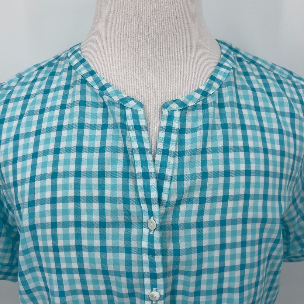 L.L. Bean Womens Button-Front Short Sleeve Plaid Shirt XL Blue & White Checkered